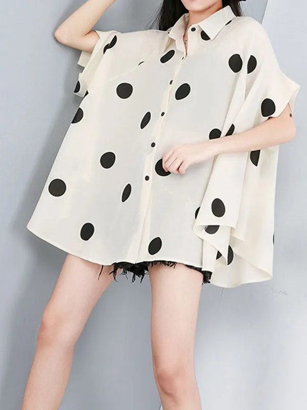 Batwing Sleeves High-Low Polka-Dot Lapel Blouses&Shirts Tops