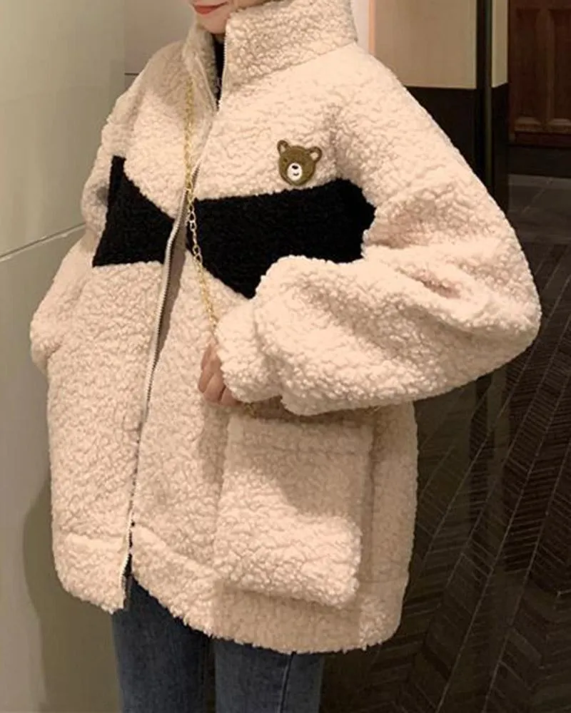 Bear Stand Collar Zip Fuzzy Jacket