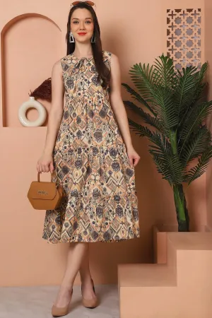 Beige Color Floral Printed Cotton Ethnic Dress For Women