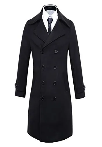 Beninos Men's Trench Coat Winter Long Jacket Double Breasted Overcoat (5625 Black, US:L/Asia XXL)