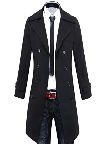 Beninos Men's Trench Coat Winter Long Jacket Double Breasted Overcoat (5625 Black, US:L/Asia XXL)