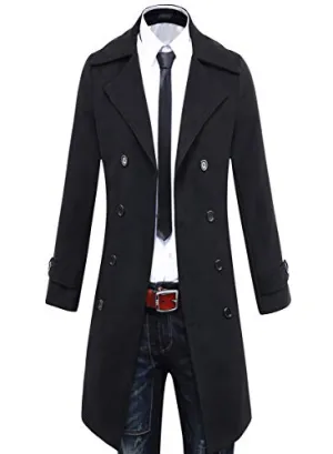 Beninos Men's Trench Coat Winter Long Jacket Double Breasted Overcoat (5625 Black, US:L/Asia XXL)