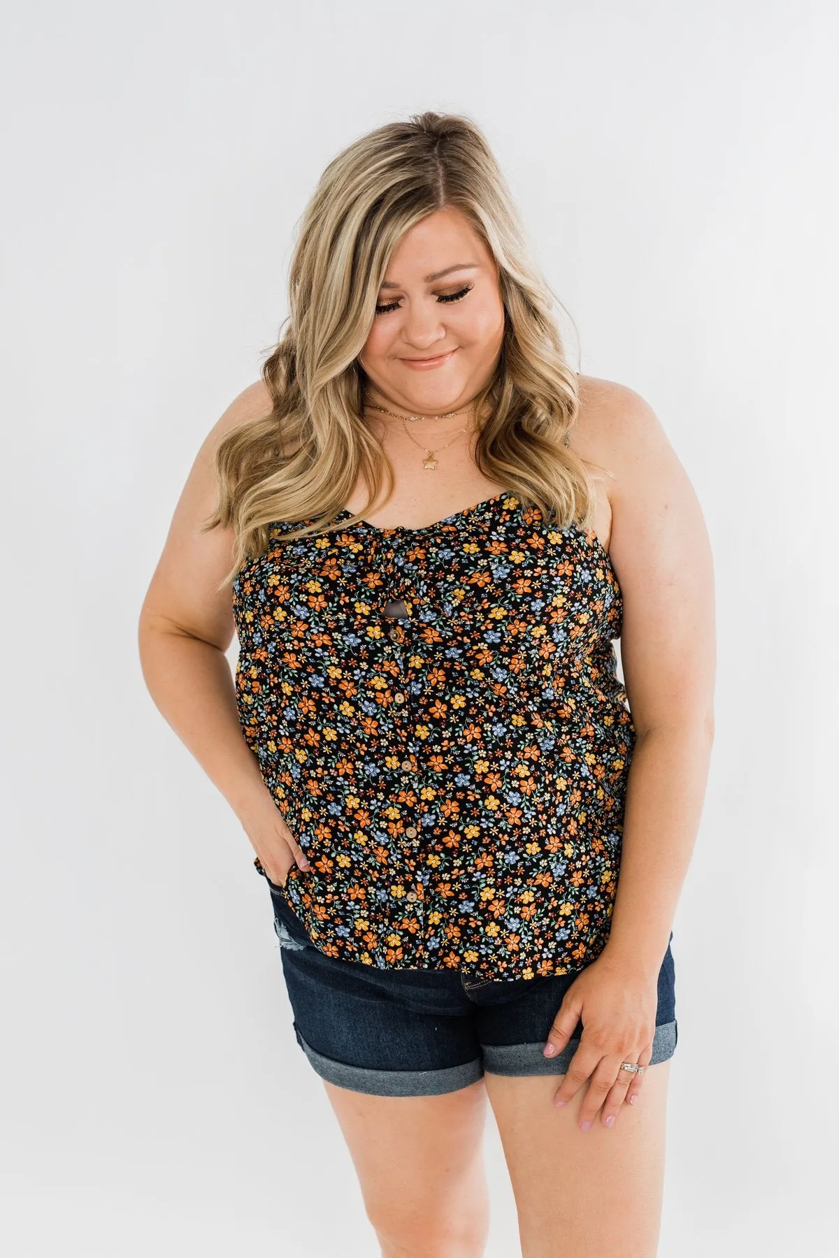Better Than I Was Floral Bow Tie Tank Top- Black Multi