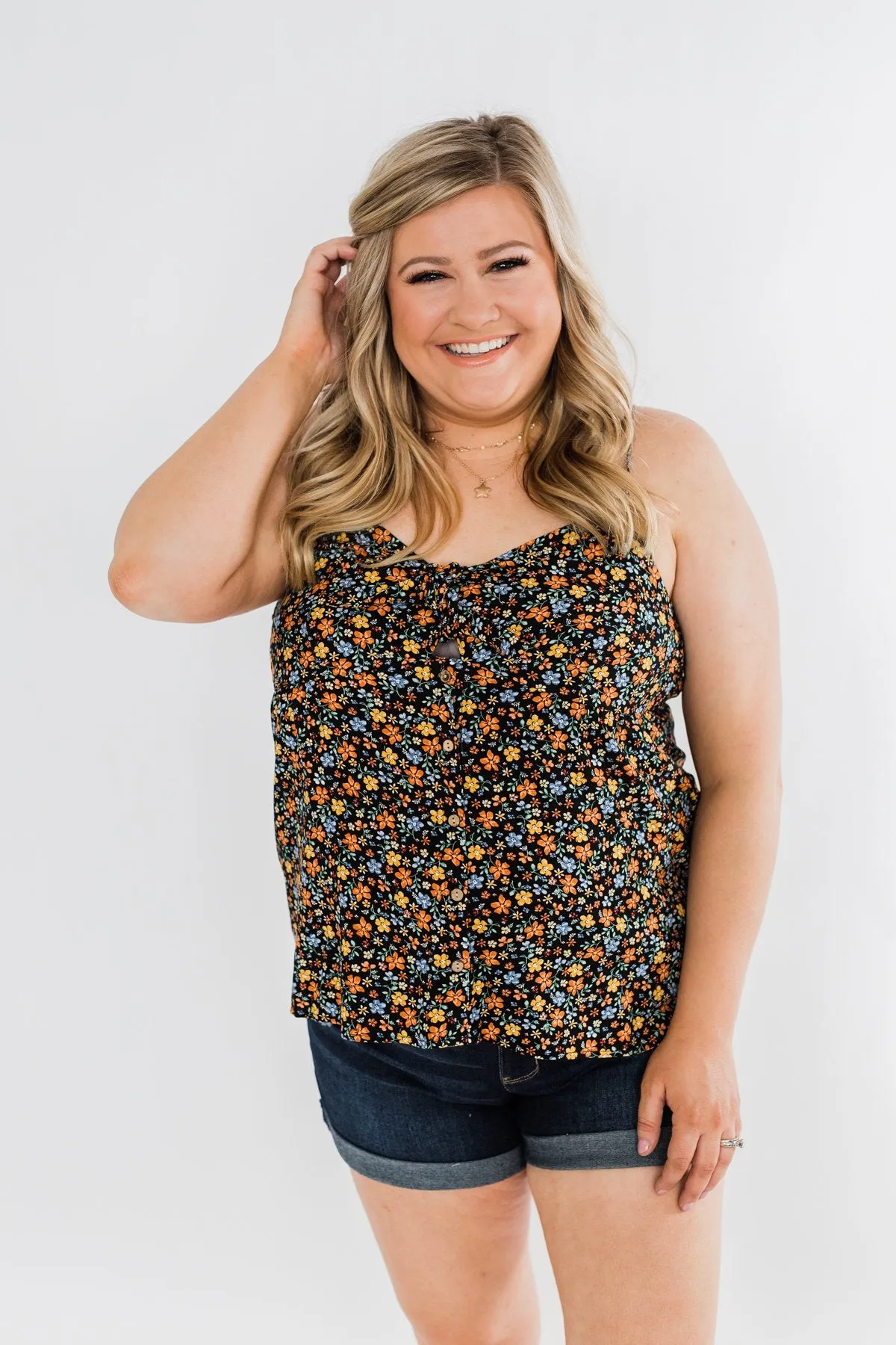 Better Than I Was Floral Bow Tie Tank Top- Black Multi
