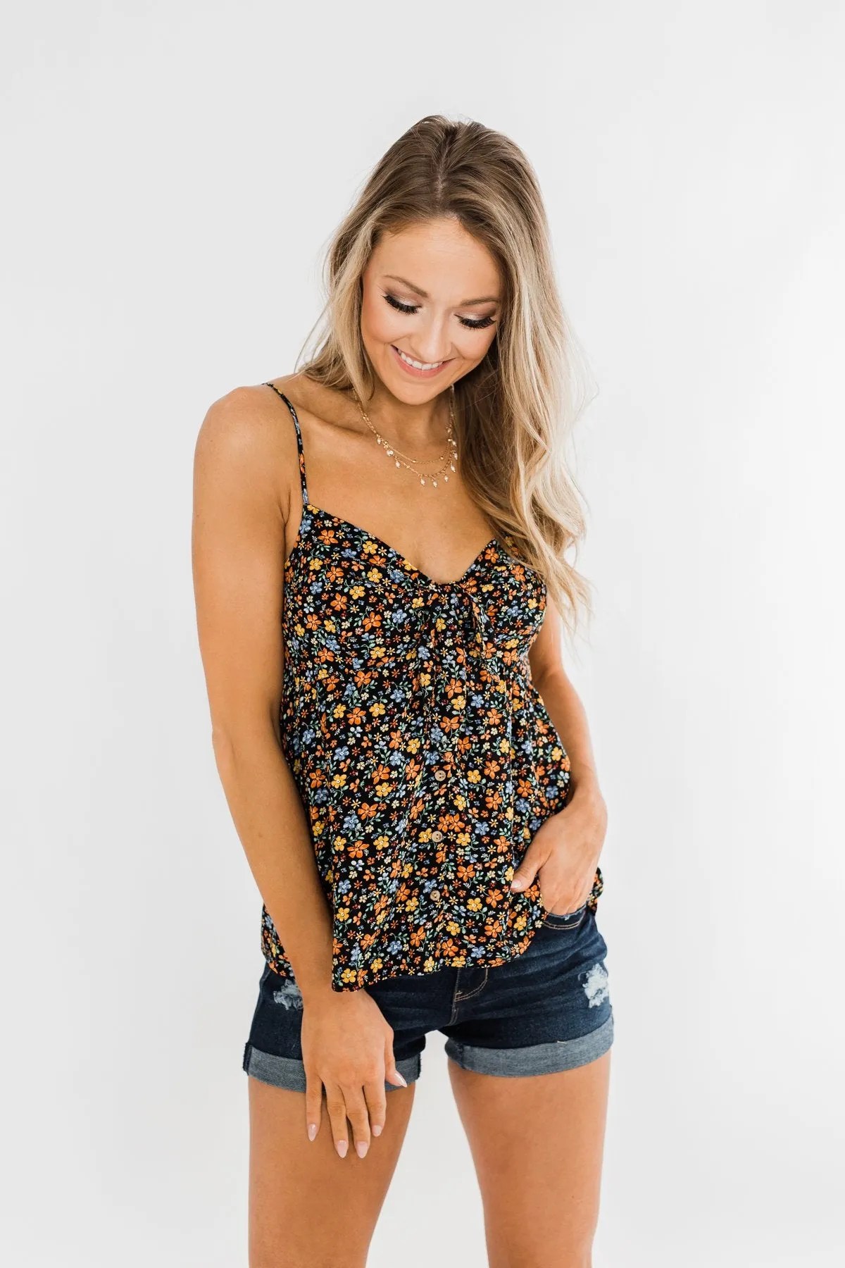 Better Than I Was Floral Bow Tie Tank Top- Black Multi