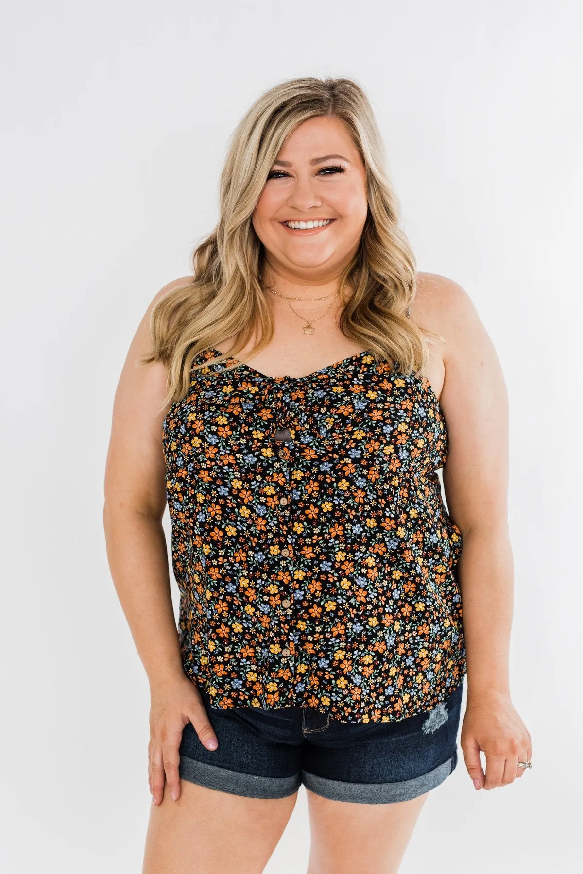 Better Than I Was Floral Bow Tie Tank Top- Black Multi