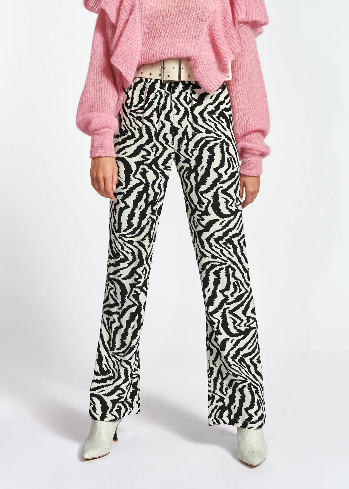 Black and white zebra-print wide-leg pants