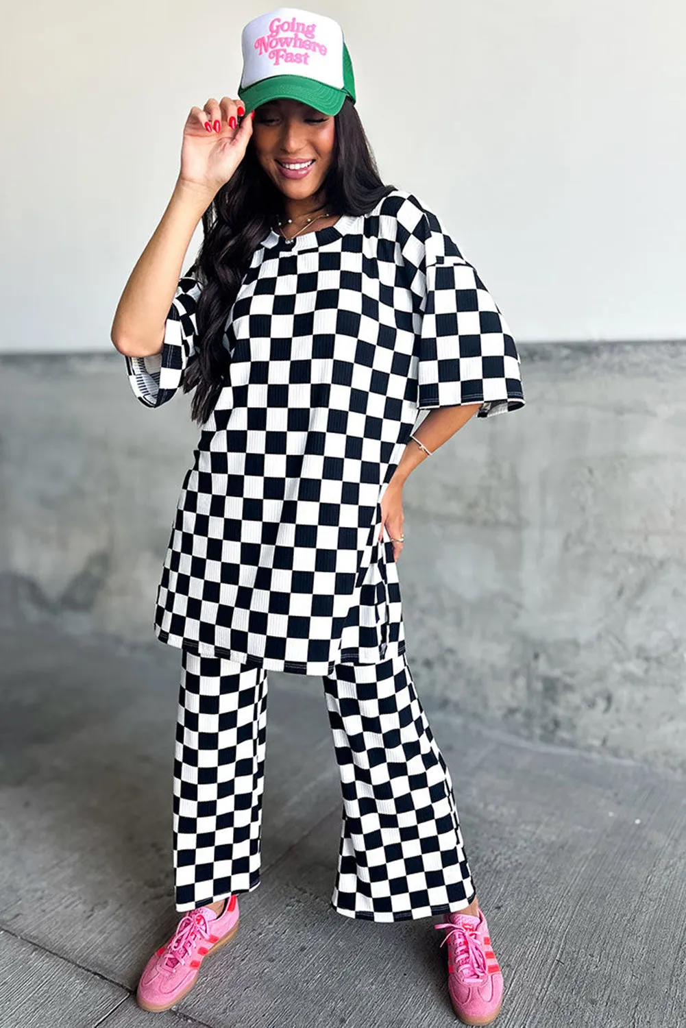 Black Checkered Print Pants Set