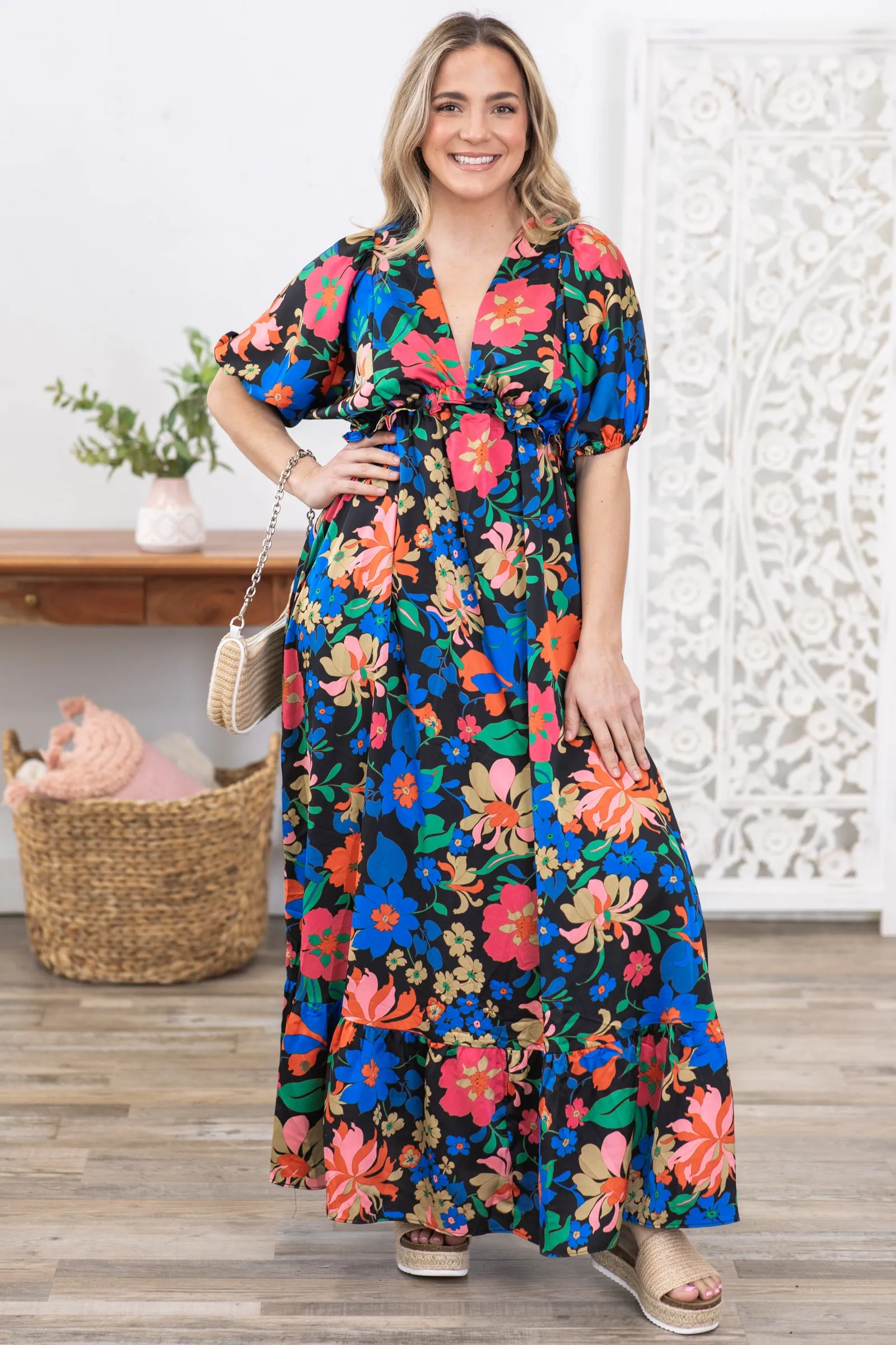 Black Floral Print V-Neck Maxi Dress