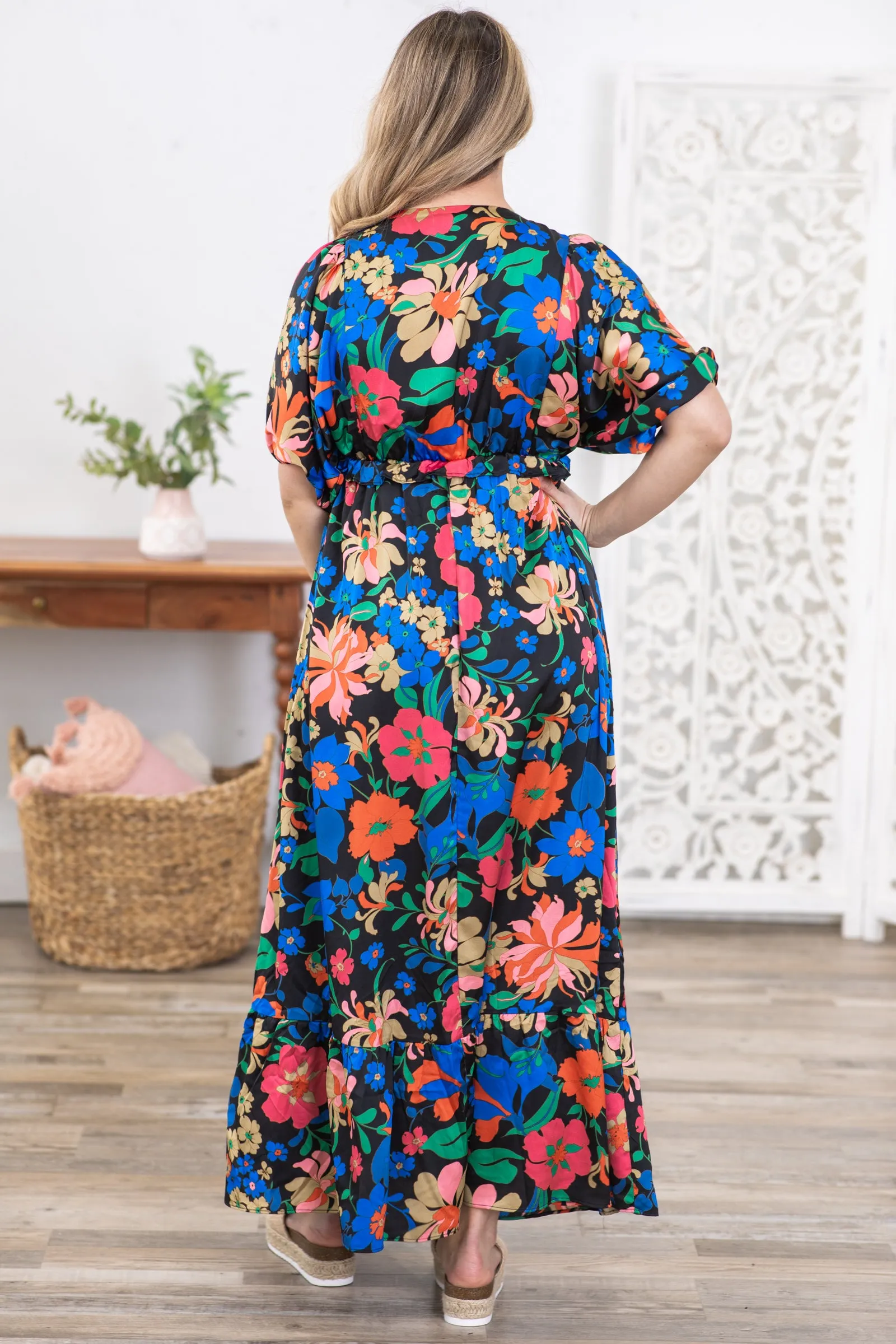 Black Floral Print V-Neck Maxi Dress