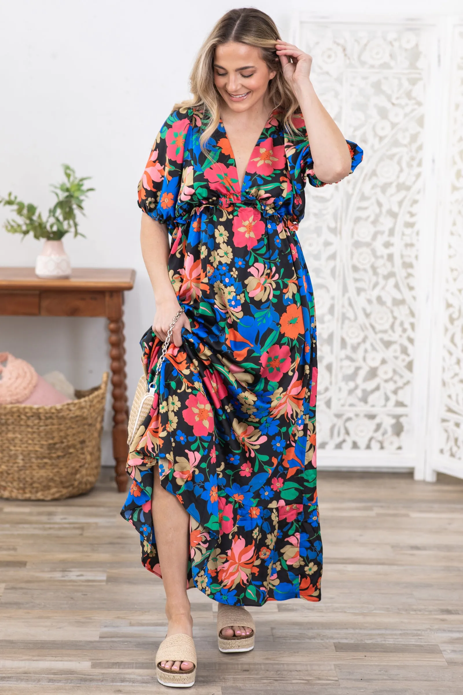 Black Floral Print V-Neck Maxi Dress