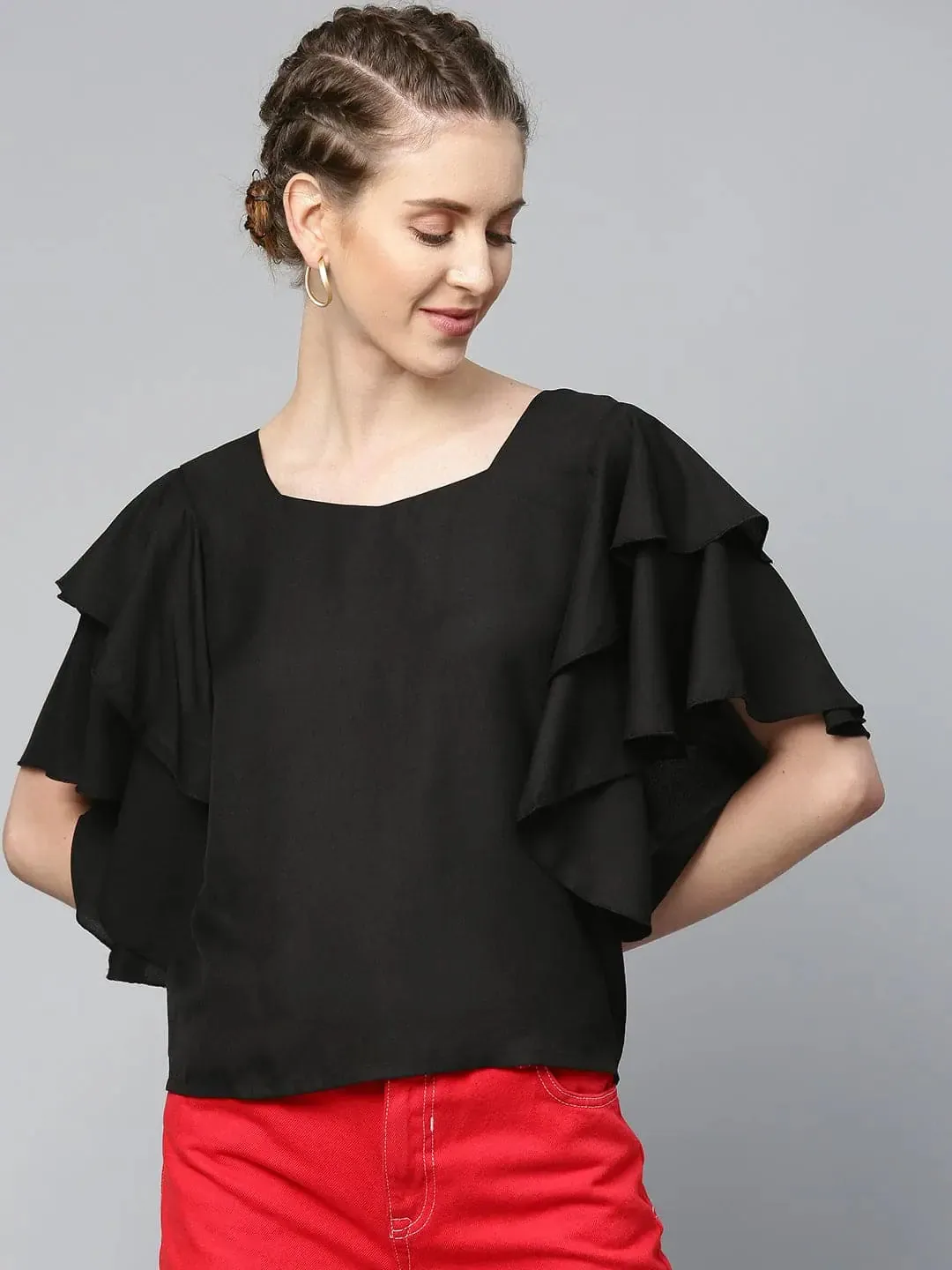 Black Frilly Sleeve Back Detail Top