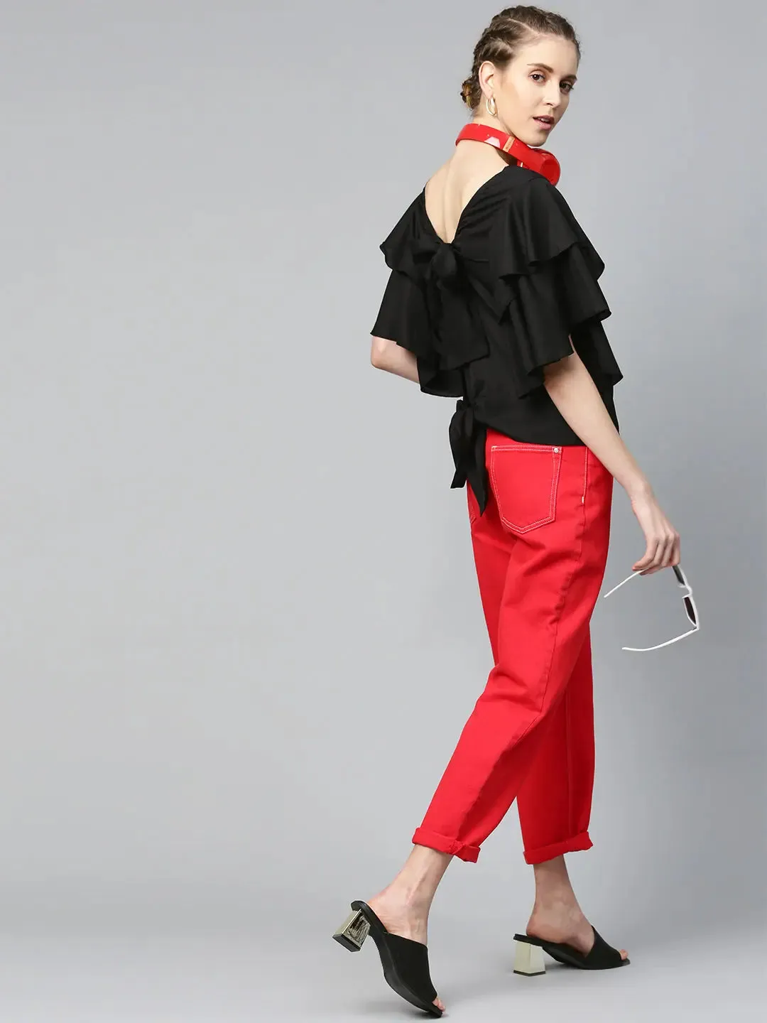 Black Frilly Sleeve Back Detail Top