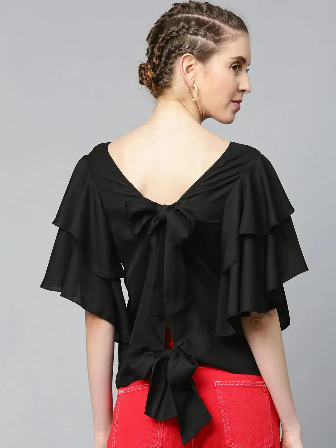 Black Frilly Sleeve Back Detail Top