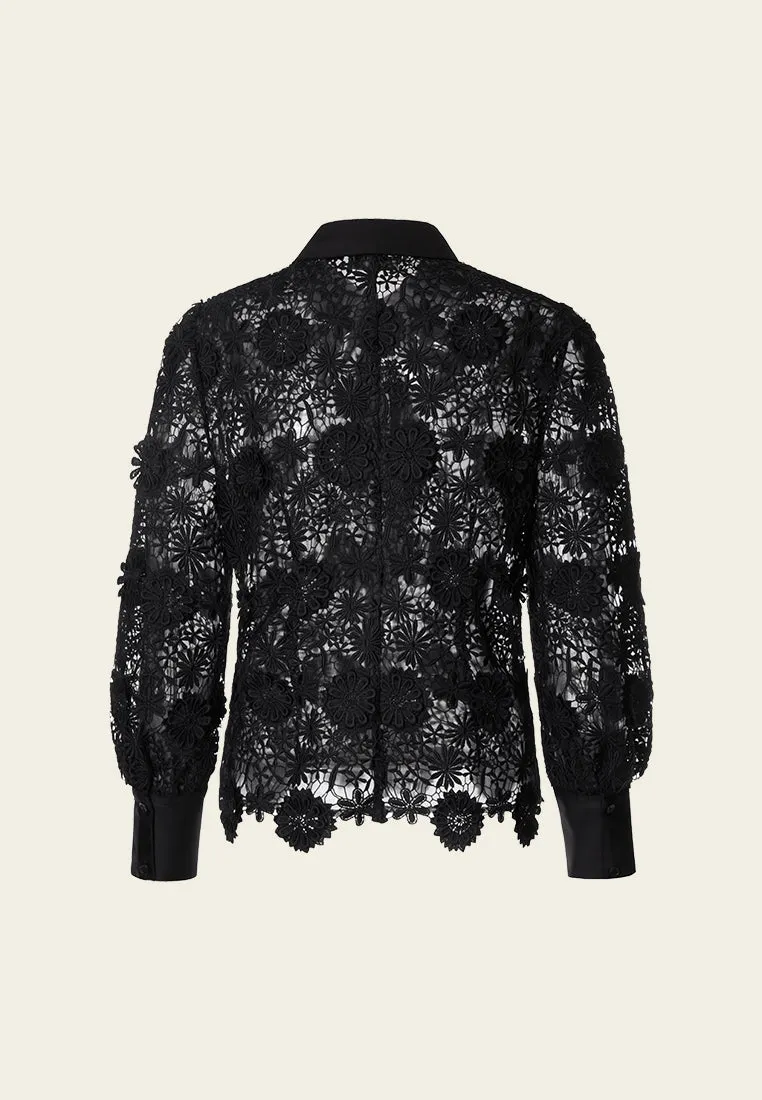 Black Lace Pussy Bow Collar Blouse