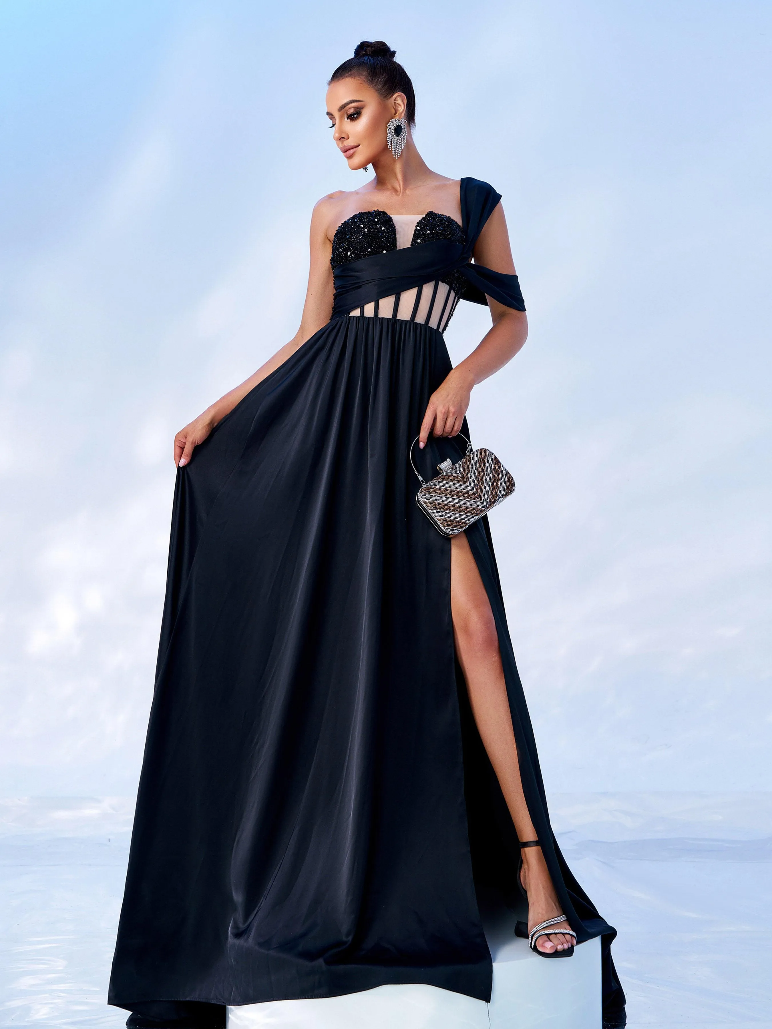 Black One Shoulder Corset Backless Evening dress RJ2004
