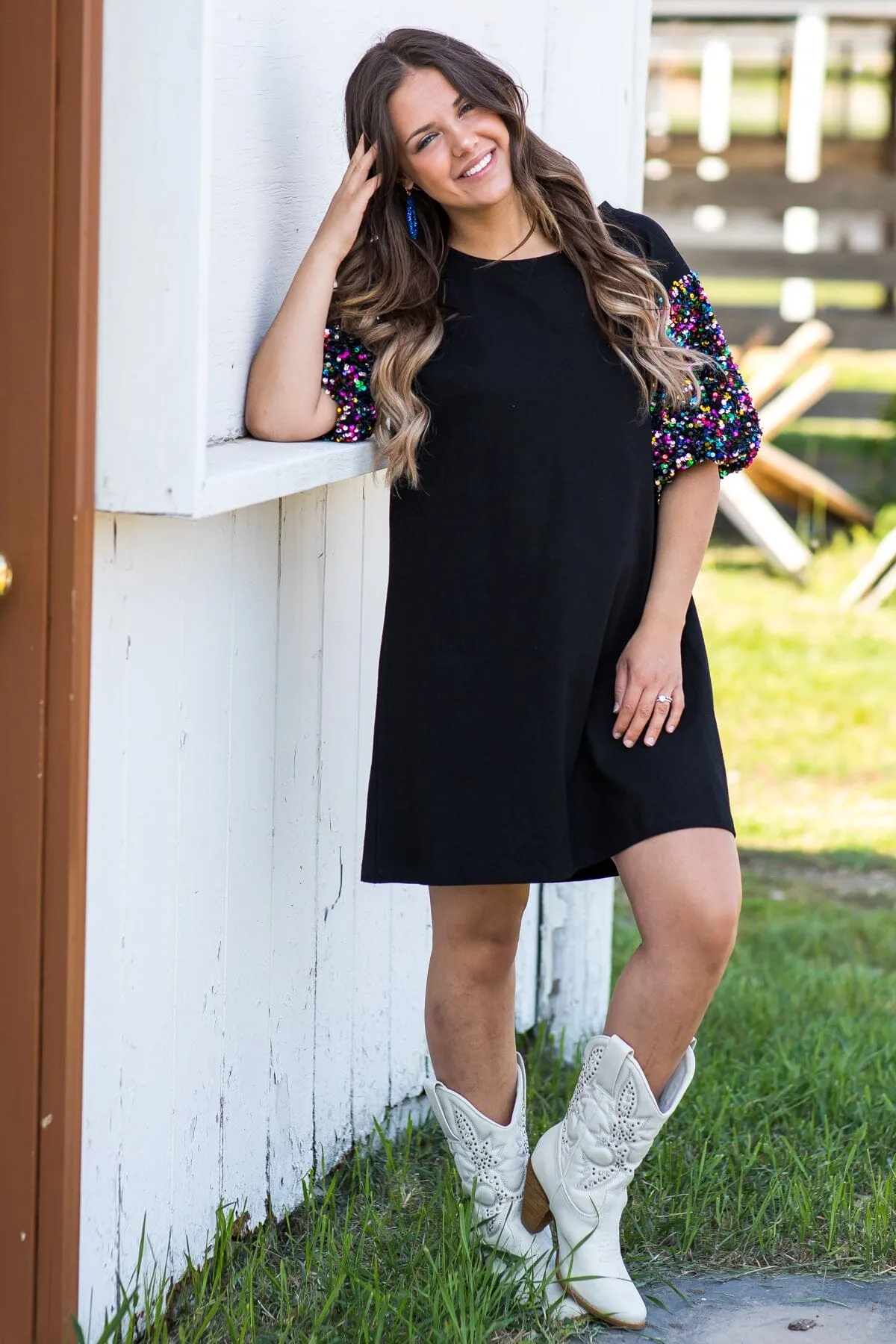 Black Sequin Puff Sleeve Knit Dress
