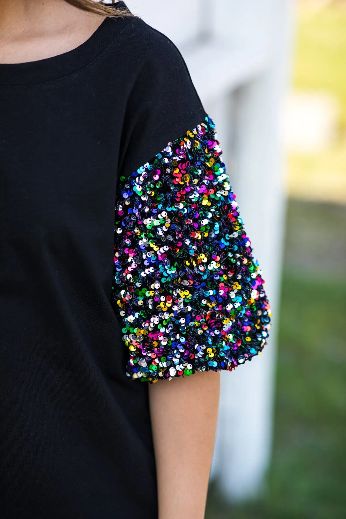 Black Sequin Puff Sleeve Knit Dress