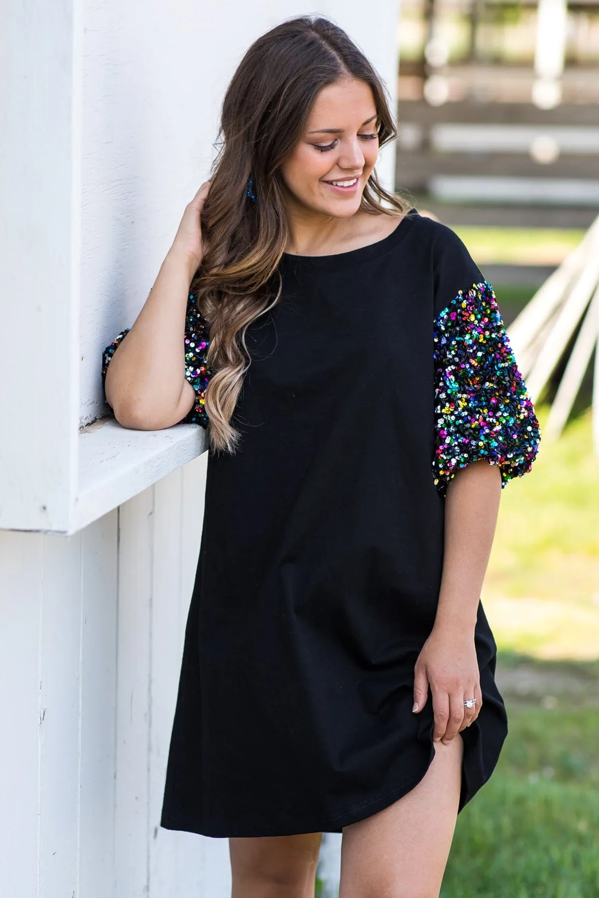 Black Sequin Puff Sleeve Knit Dress