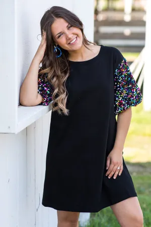 Black Sequin Puff Sleeve Knit Dress