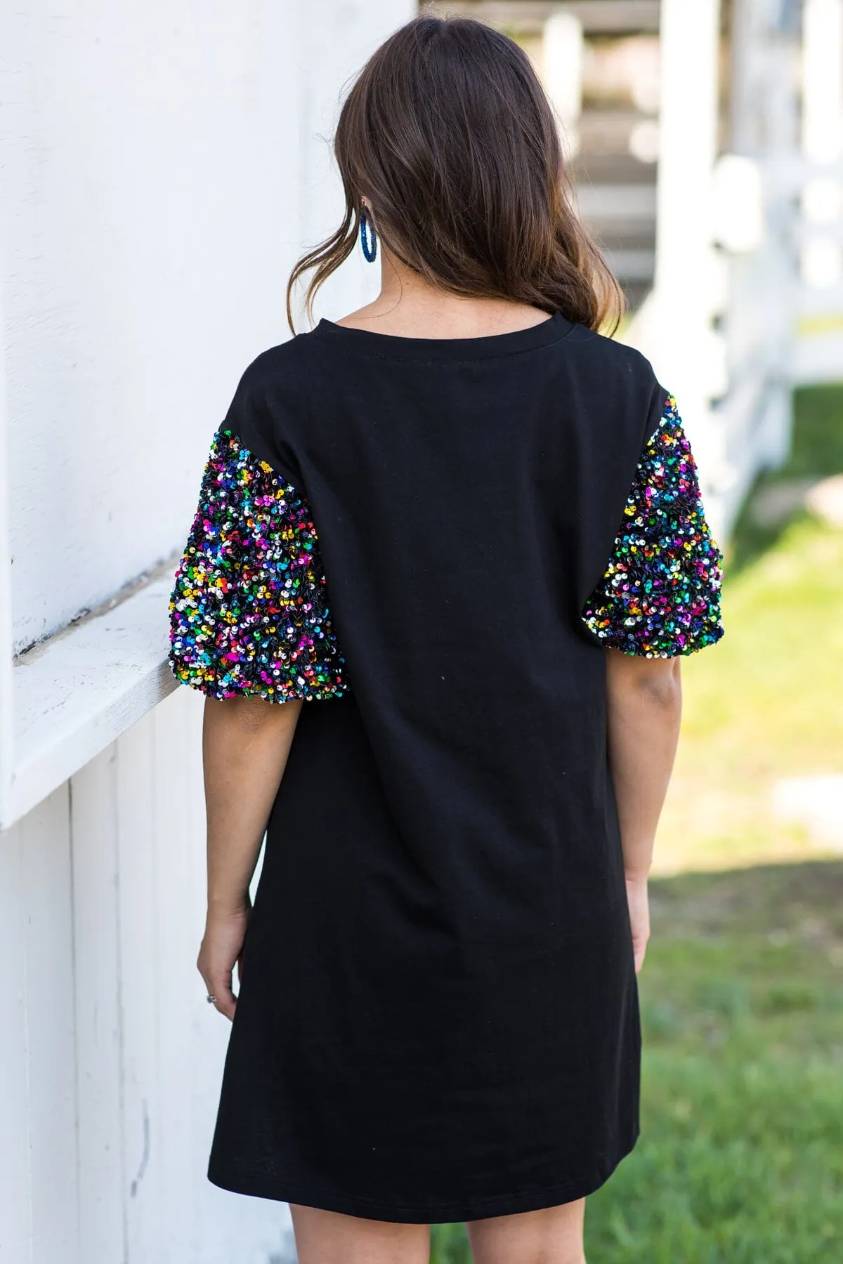 Black Sequin Puff Sleeve Knit Dress
