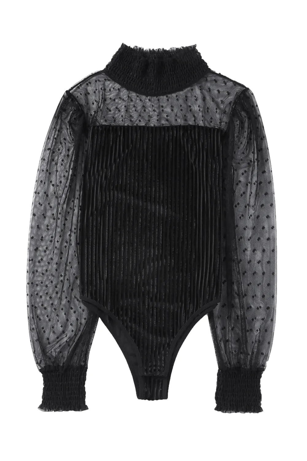 Black Sheer Dotty Long Sleeve Ribbed Velvet Bodysuit