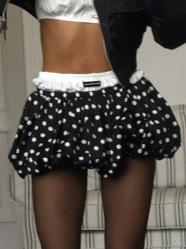 Black Y2k polka dot double waist mini skirt