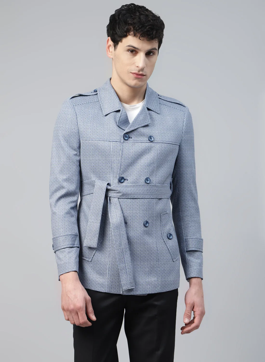 Blue & White Knit Printed Double Breasted Short Coat
