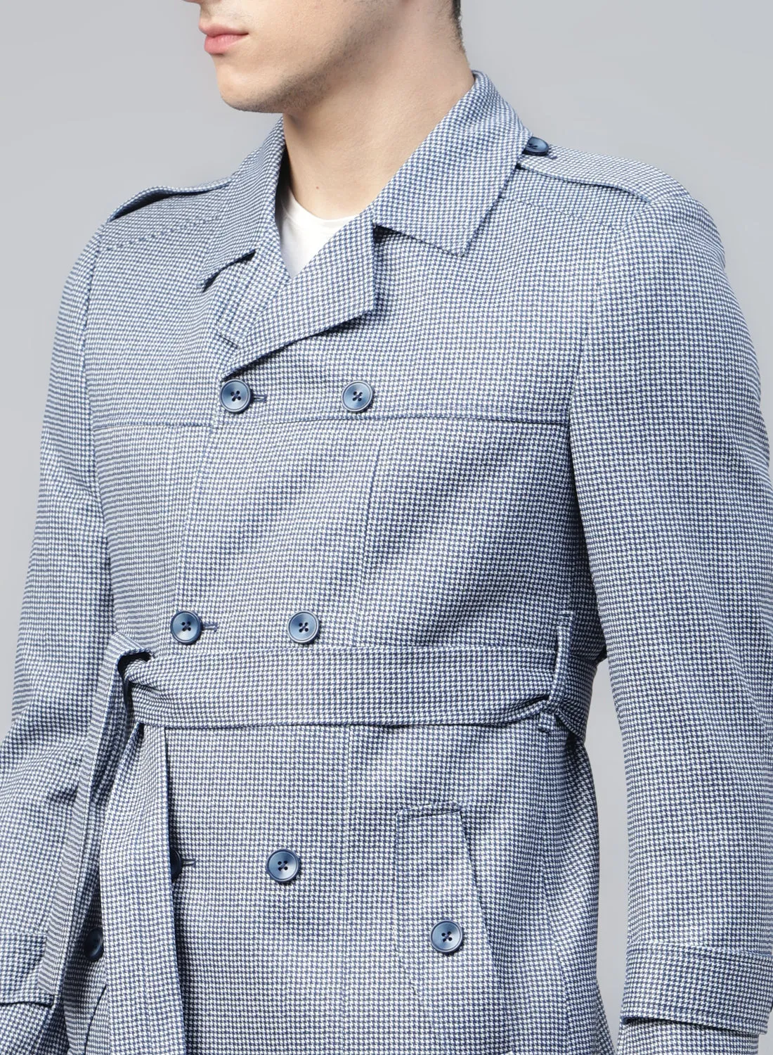 Blue & White Knit Printed Double Breasted Short Coat