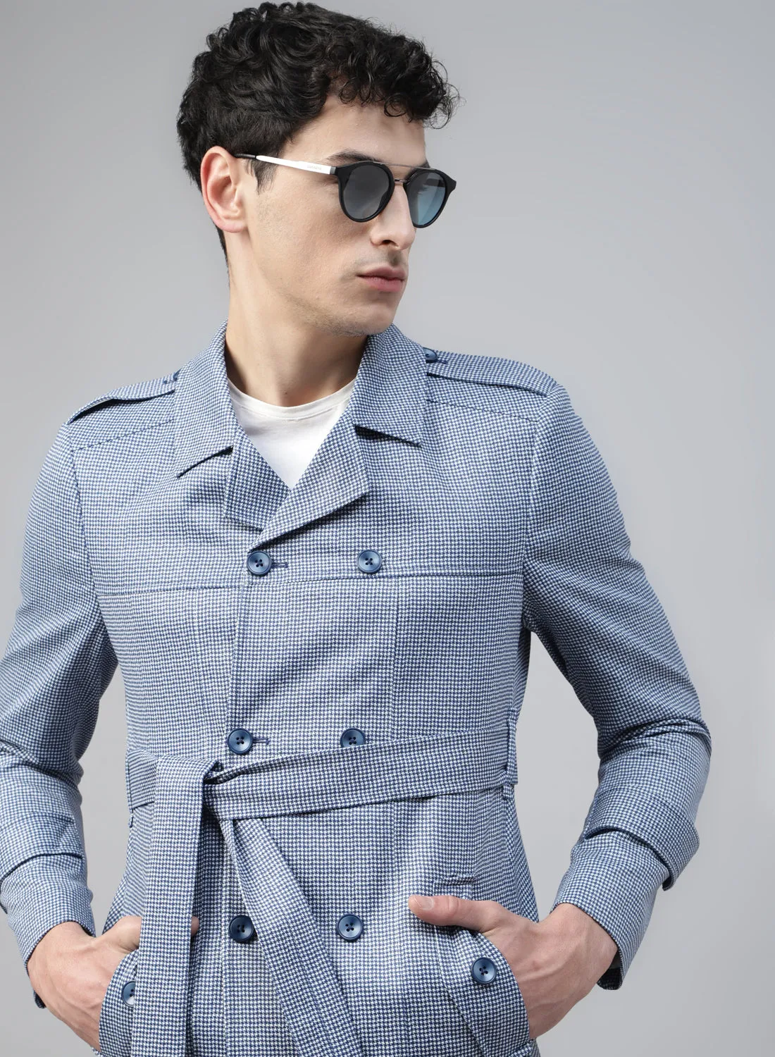 Blue & White Knit Printed Double Breasted Short Coat