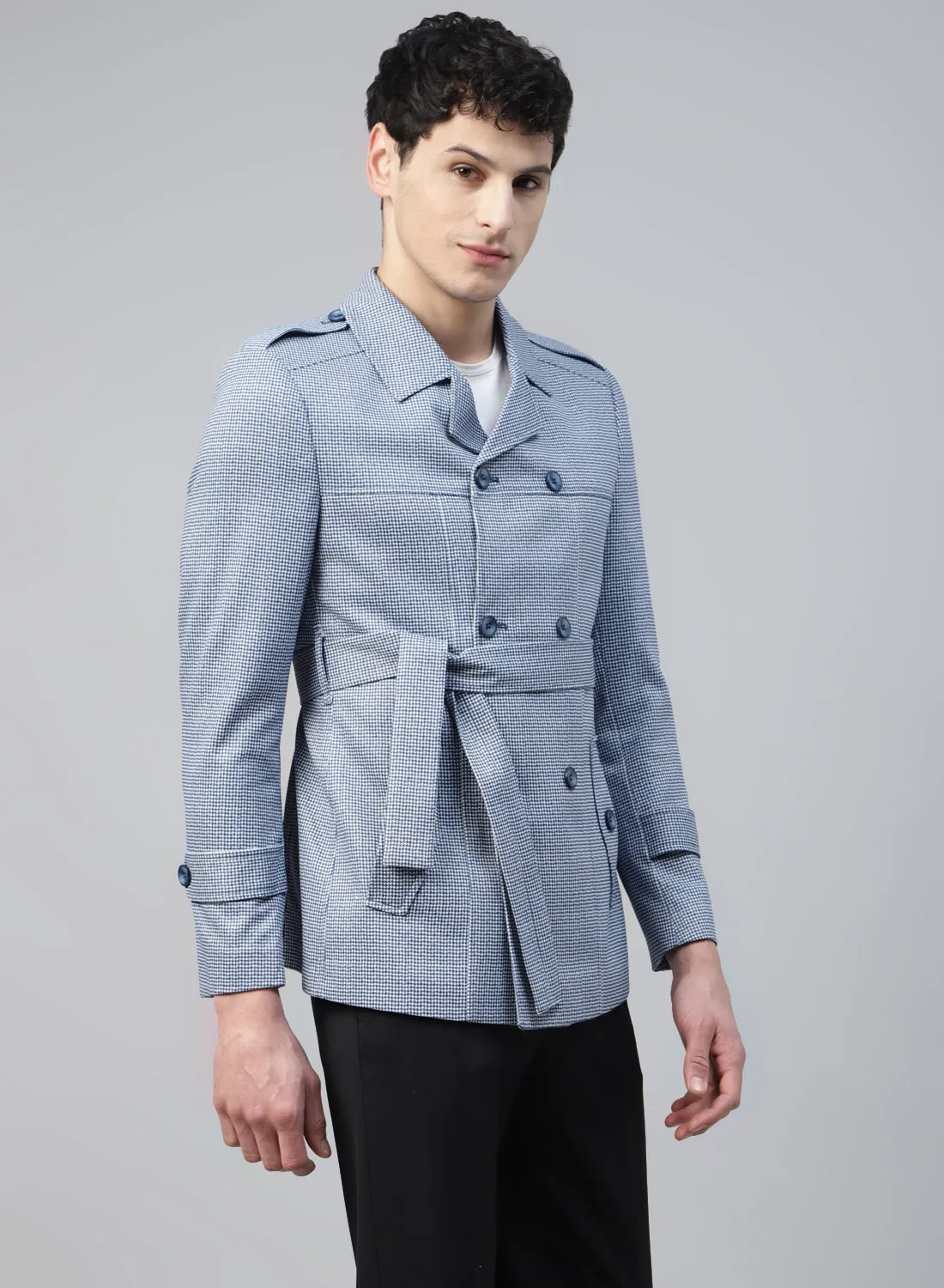 Blue & White Knit Printed Double Breasted Short Coat