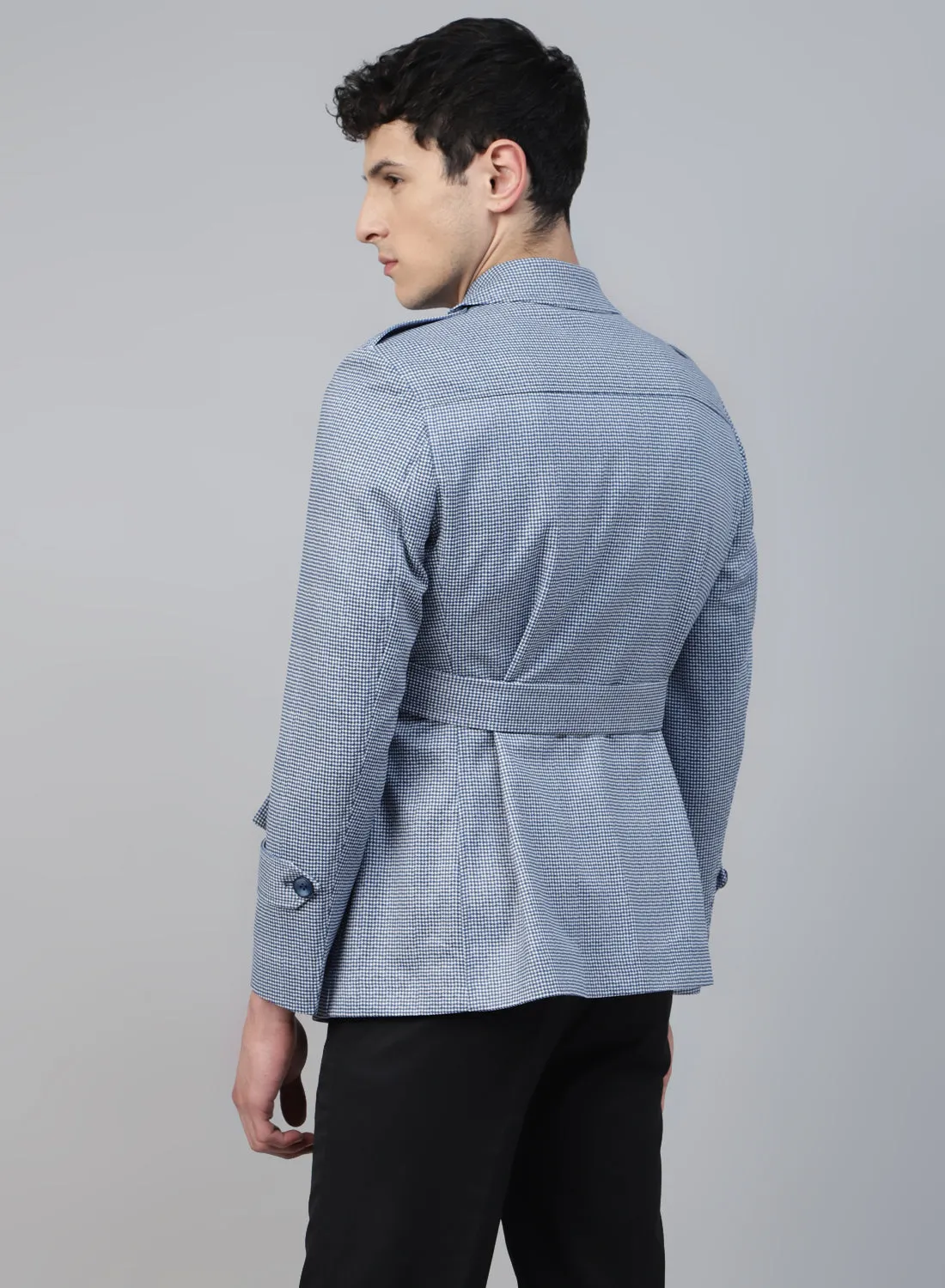 Blue & White Knit Printed Double Breasted Short Coat