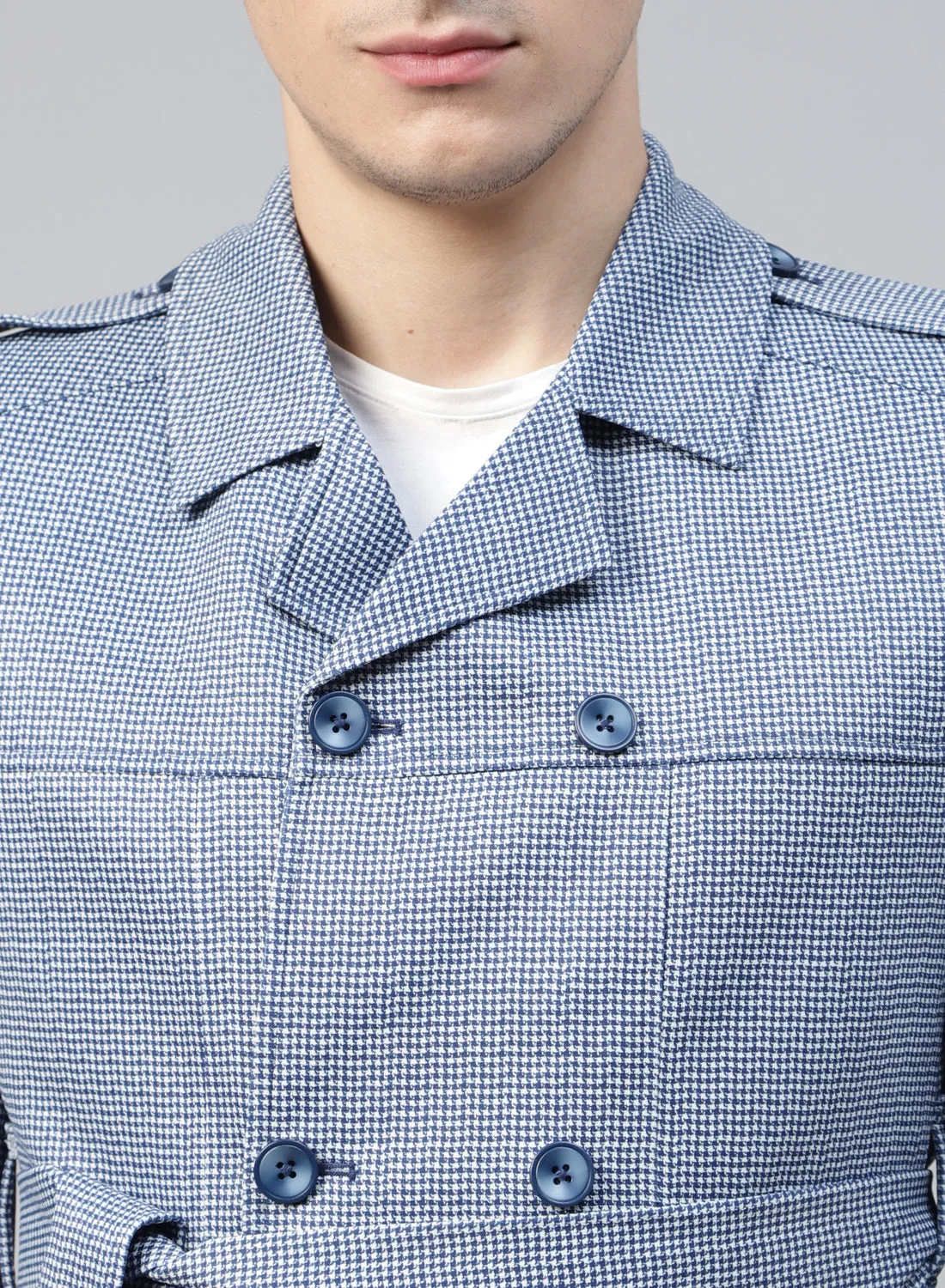Blue & White Knit Printed Double Breasted Short Coat