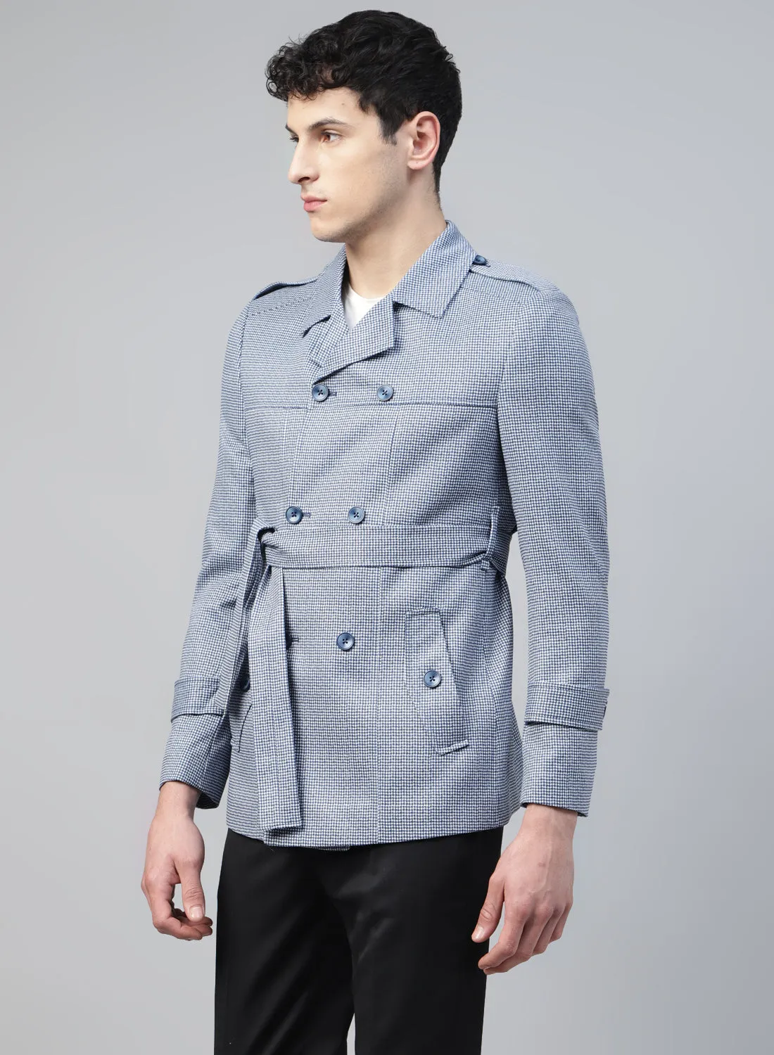 Blue & White Knit Printed Double Breasted Short Coat