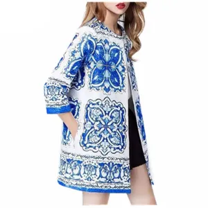 Blue And White Porcelain floral jacquard long jacket women coat