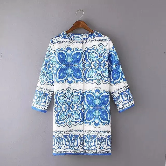 Blue And White Porcelain floral jacquard long jacket women coat