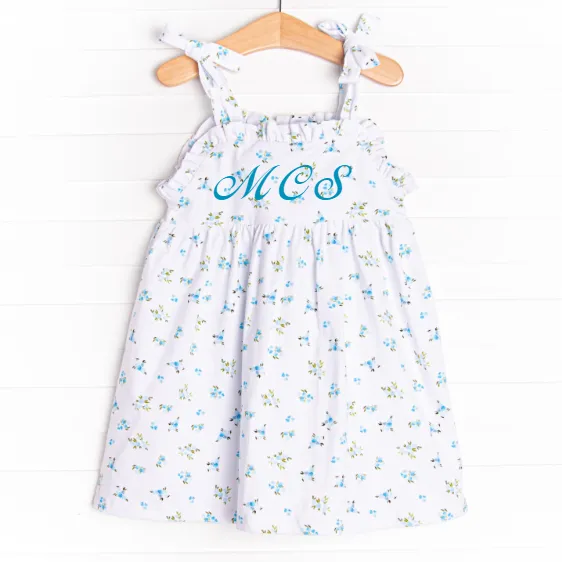 Blue Bud Blossoms Dress, White