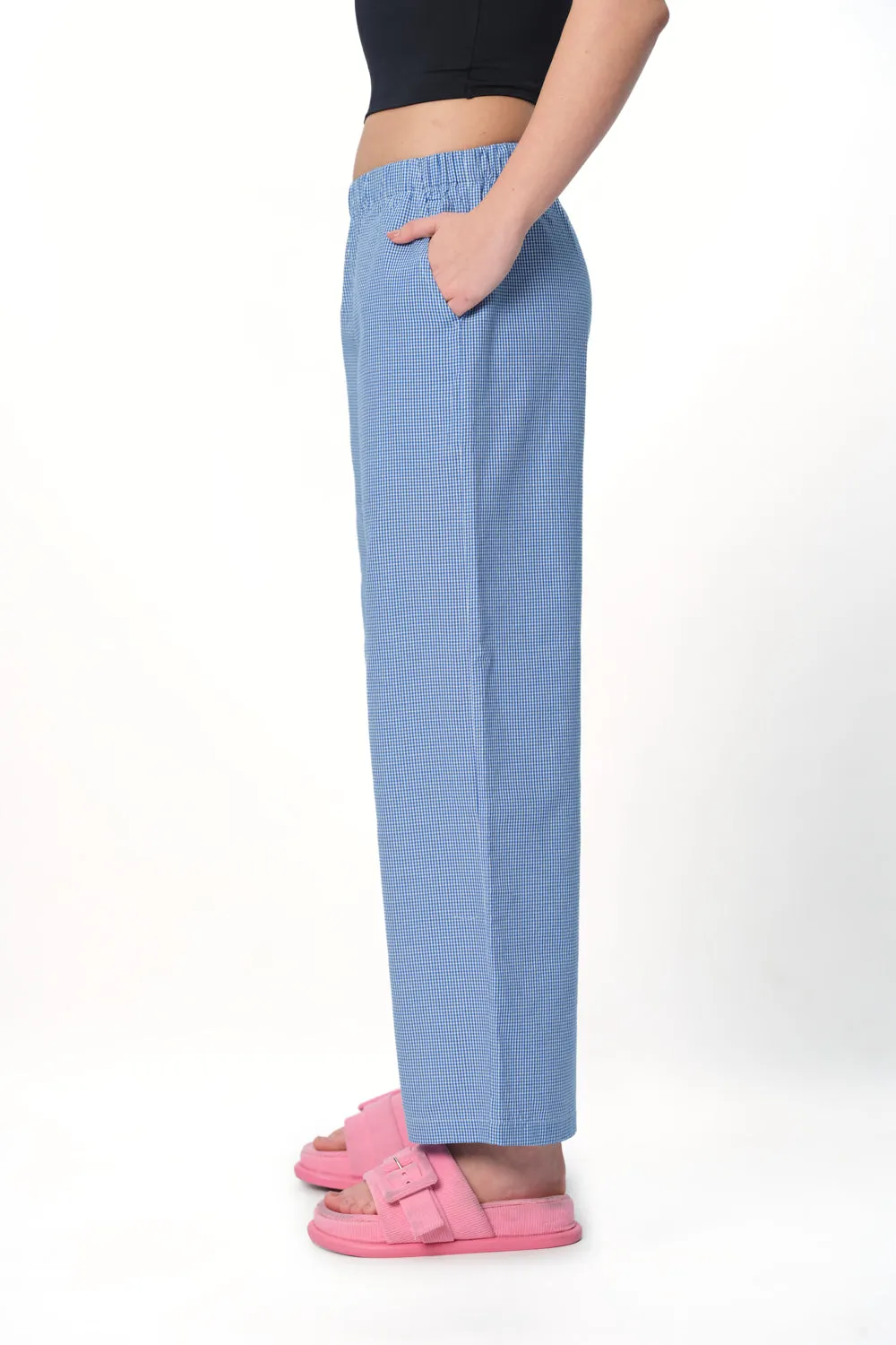 Blue Checkered High-Rise Pants