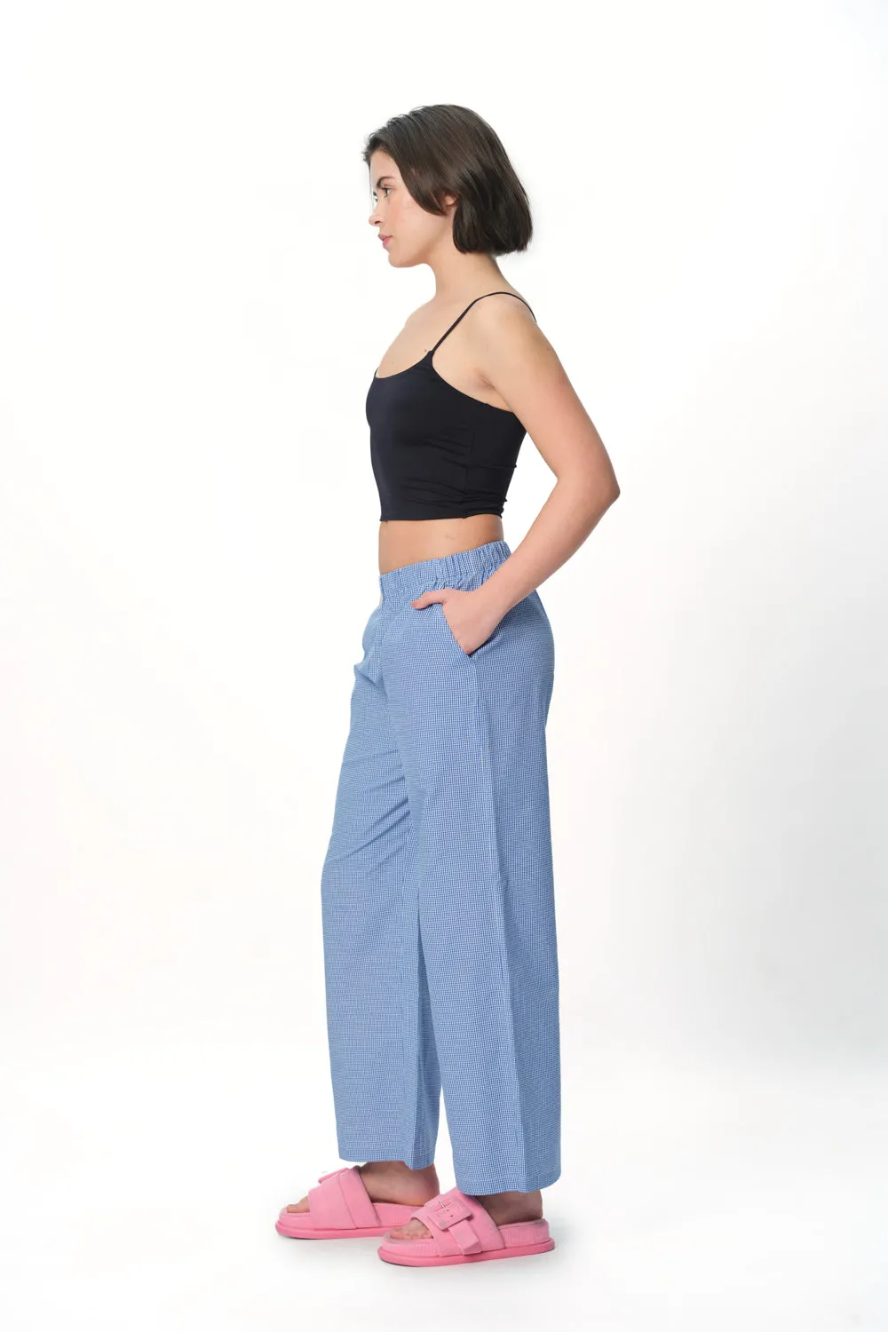 Blue Checkered High-Rise Pants