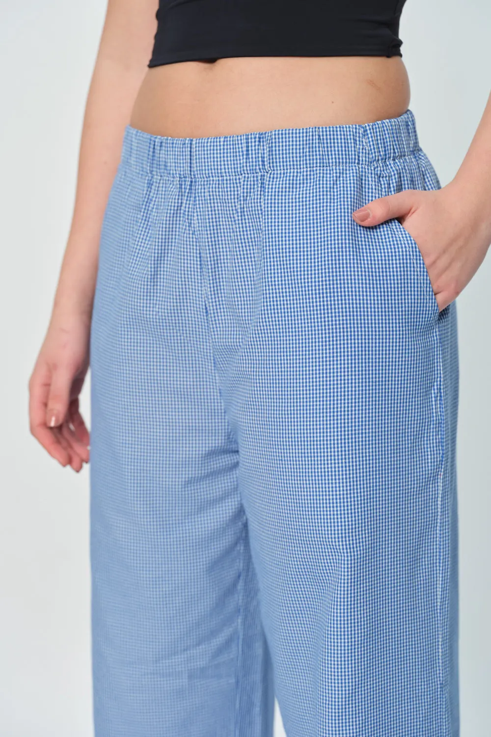 Blue Checkered High-Rise Pants