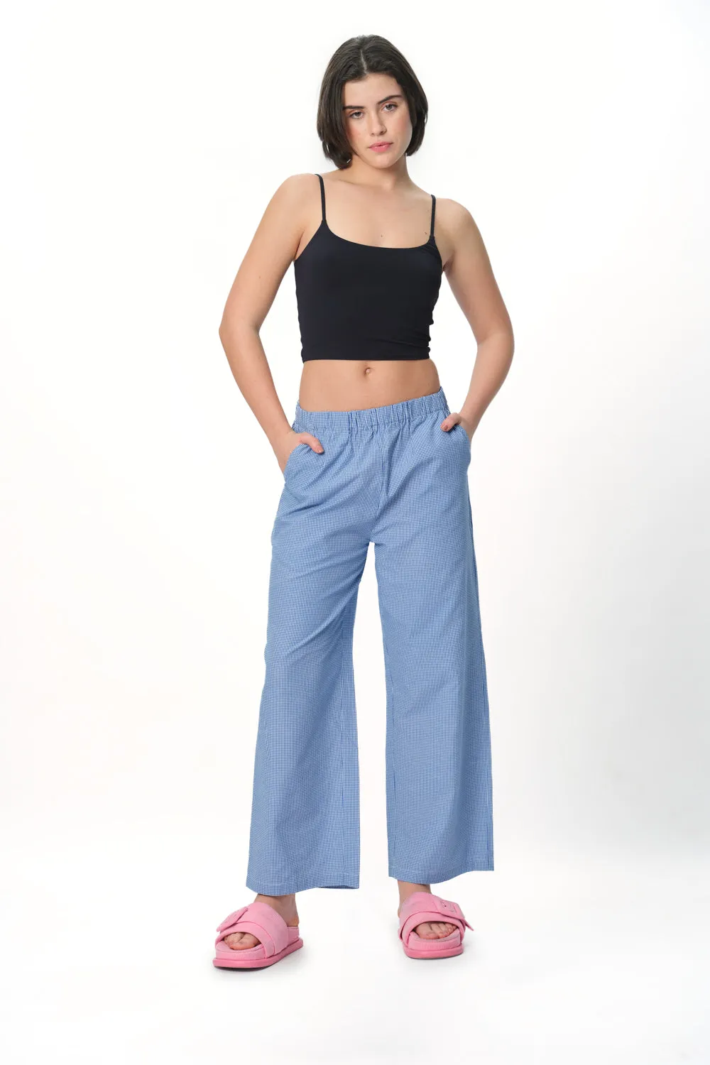 Blue Checkered High-Rise Pants