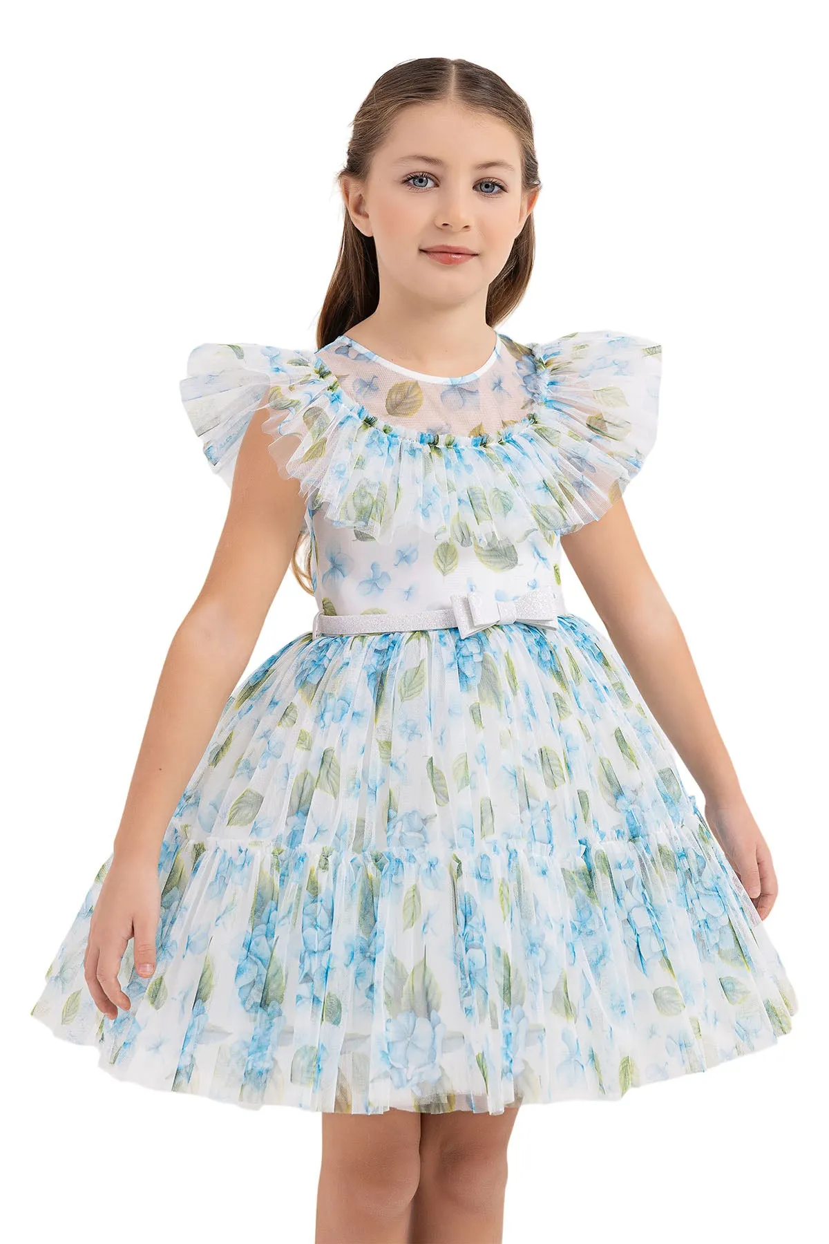 Blue Floral Print Girls Summer Dress
