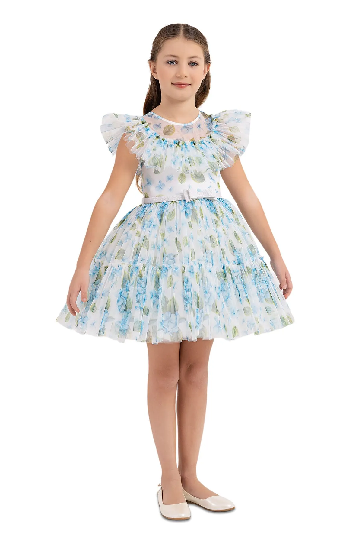 Blue Floral Print Girls Summer Dress
