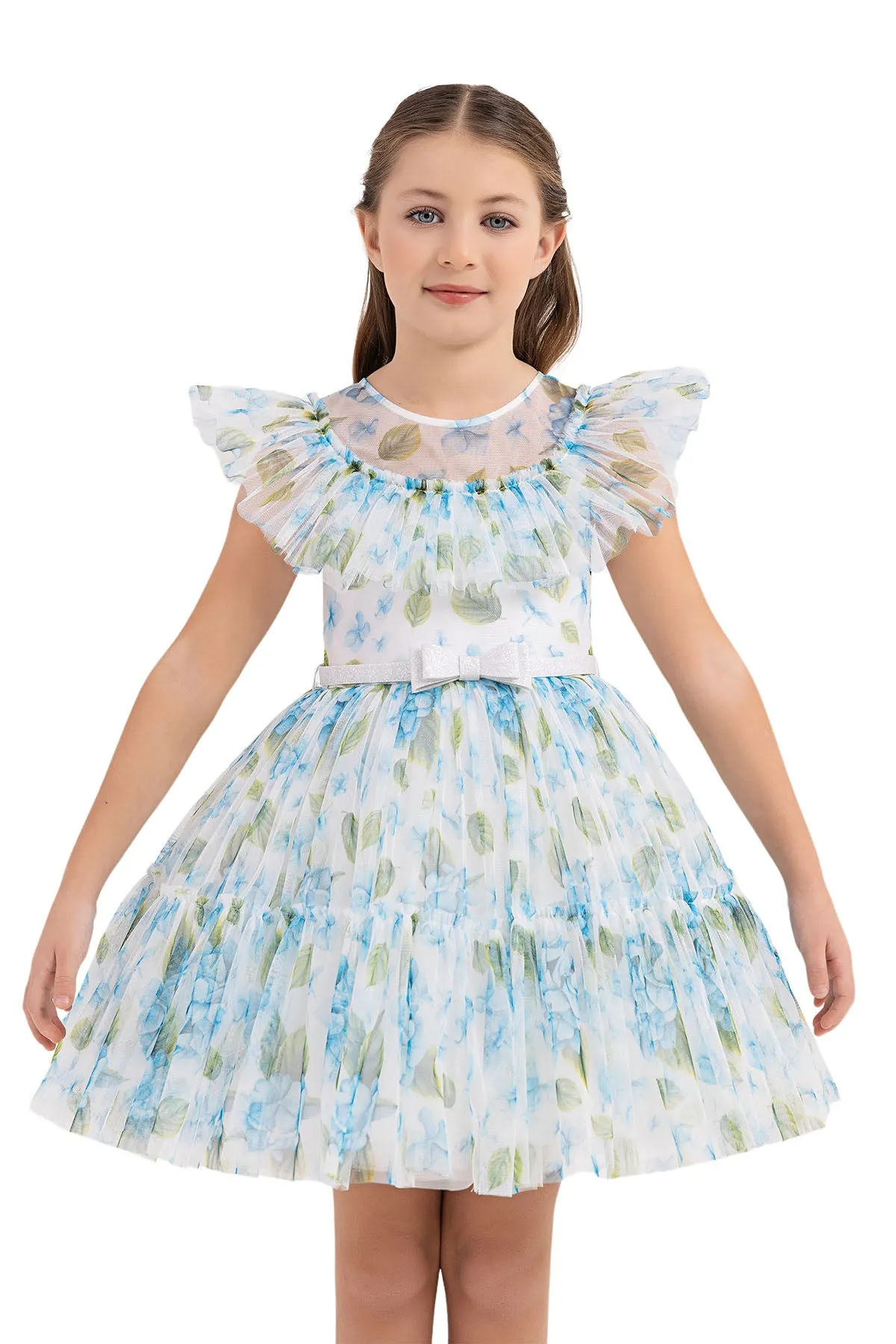 Blue Floral Print Girls Summer Dress