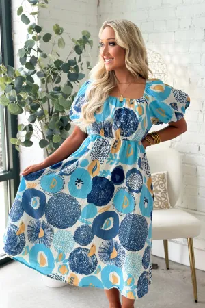 Blue Square Neck Printed Puff Sleeve Dress