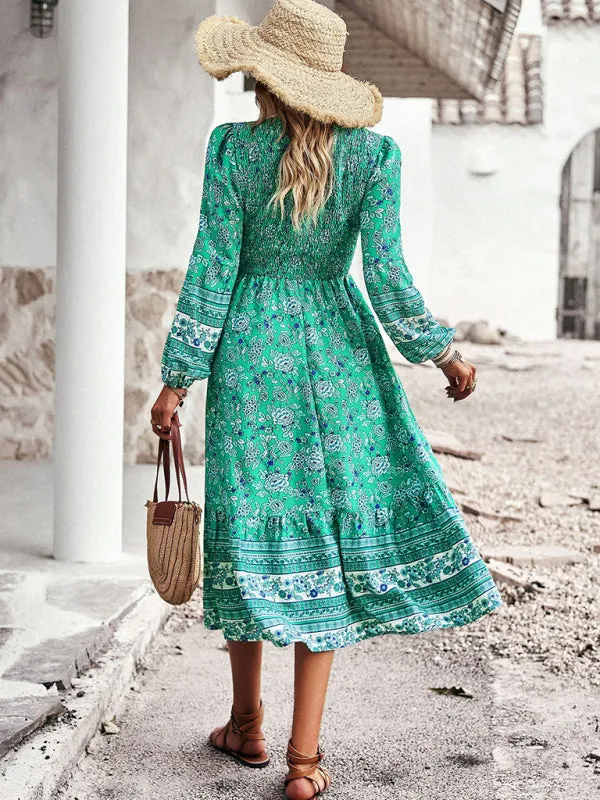 Bohemian Midi Dress with Floral Print and Smocked Bodice