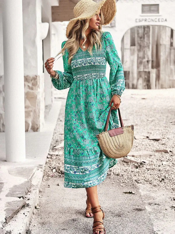 Bohemian Midi Dress with Floral Print and Smocked Bodice