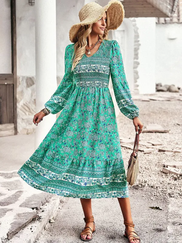 Bohemian Midi Dress with Floral Print and Smocked Bodice