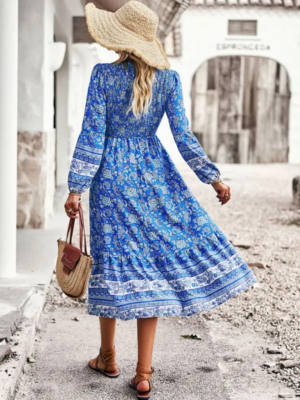 Bohemian Midi Dress with Floral Print and Smocked Bodice