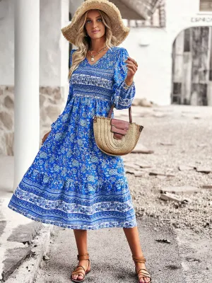 Bohemian Midi Dress with Floral Print and Smocked Bodice